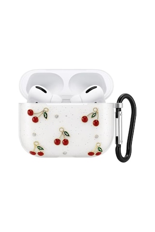 Airpods 3. Nesil İle Uyumlu Glitter Silikon Kılıf Şeffaf Simli Koruyucu Kiraz Deseniyle Askı Aparatı Dahil Çanta K Çok Renkli