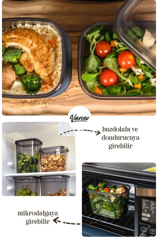 Vienev Peggy Renkli Etiketli Dikdörtgen Saklama Kabı Antrasit 4x 1.3 L + 2 L + 3.2 L 12'li Antrasit
