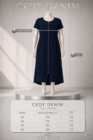 Cedy Denim Cedy Denım - Büyük Beden - Kadın Fermuarlı Taş Ve Dantel Detaylı Vintage Elbise C409 Lacivert
