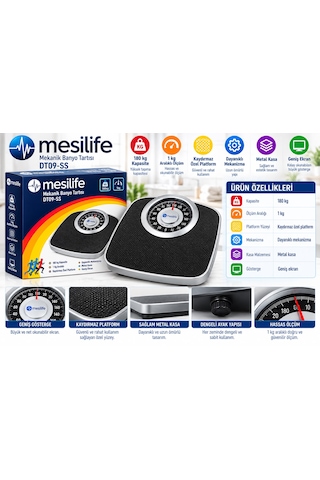 Mesilife Dt09-ss Mekanik Banyo Baskülü 180 Kg Kapasiteli 1 Kg Hassasiyetli Kaymaz Platform Metal Kasa