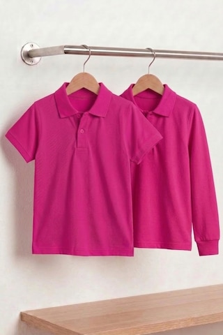 Nacar Store Unisex Çocuk Uzun Ve Kısa Kollu Polo Yaka Okul Tişörtü 2'li Set Fuşya