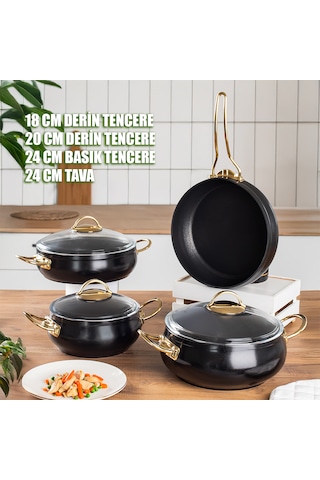 Lines L-5094 Yonca Güveç 7 Parça Tencere Seti - Siyah Altın Kulp