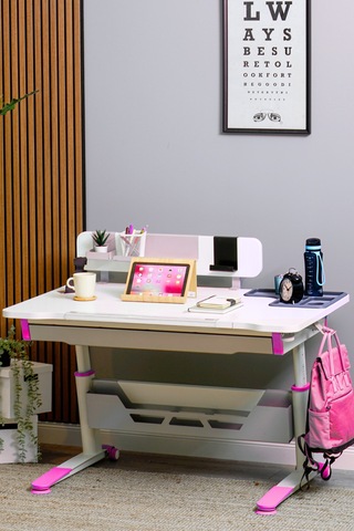 Sirius Standart Yükseklik Ve Eğim Ayarlı Çekmeceli Bilgisayar, Ofis Ve Çalışma Masası Ekru Fuşya Gri