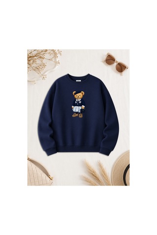 Esade Kadın Bear Ayı Kolej Baskılı Rahat Kalıp Bisiklet Yaka Lacivert Sweatshirt Lacivert