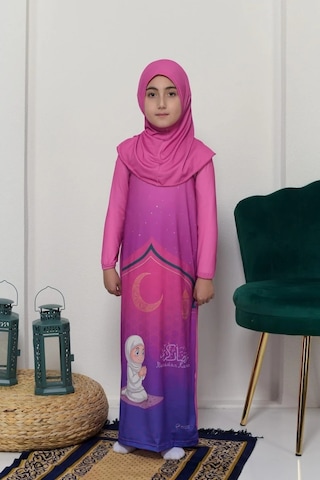 Çocuk Namaz Takımı Pratik Tek Parça Desenli Kollu Tak Çıkar Başörtülü Likralı Tesettür Elbise 6-12 Yaş 925-0201 Koyu Pembe