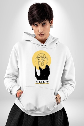 Yalnız Kadına Şiddete Hayır Kadın Erkek Beyaz Kapüşonlu Sweatshirt Hoodie Beyaz