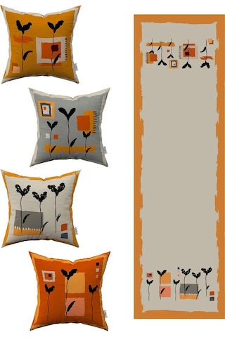 Turuncu Sarı Bohem Yaprak Desenli 4'lü Kırlent Kılıfı 1 Runner Seti 4kmbs138-rs