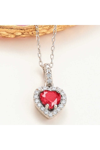 Artsmagazinmücevher Gümüş Kırmızı Taşlı Kalpli Kadın Kolye