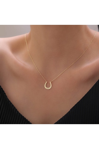 925 Ayar Gümüş İsimli Şans Sembolü Nal Kolye Gold