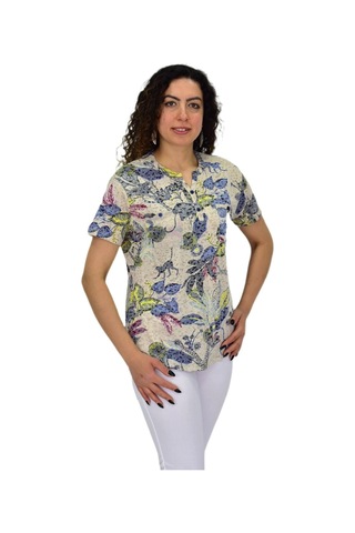 Kadın Kısa Kol Baskılı Cepli Bluz Bgl-st04699 Taş