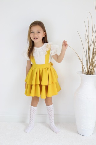 Kız Çocuk Helen Sarı Askılı Kat Kat Bağlama Jile Elbise Dantel Detay Ekru Kısa Kollu Bluz İkili Takım