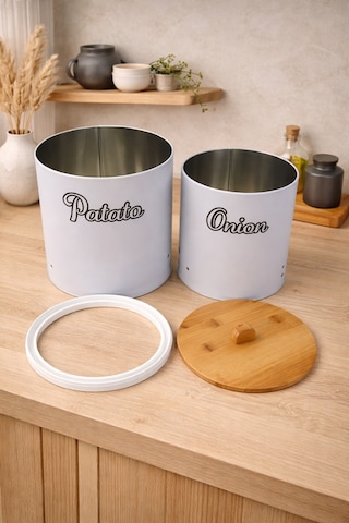 Bambu Tek Kapaklı Metal Patates Soğanlık Decorev Beyaz Dc -7106 Siyah - Beyaz