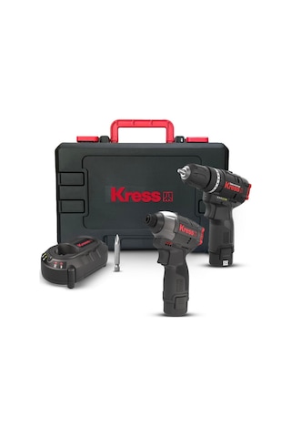 Kress KUG02 12 V 2.0 Ah. Li-ion Çift Akülü Kömürsüz Şarjlı Darbeli Matkap + Kömürsüz Darbeli Tornavida Kombo Set