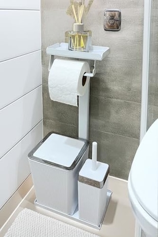 3'ü 1 Arada Banyo Seti Tuvalet Kağıtlık, Çöp Kovası Ve Tuvalet Fırça Takımı Set Çizgili Krom Beyaz Çok Renkli