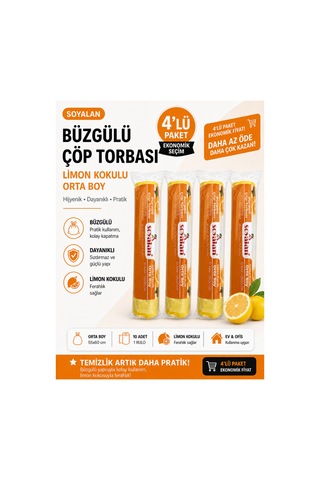 Büzgülü Çöp Poşeti Limon Kokulu 55x60 Cm Orta Boy 4 Rulo Dayanıklı Sızdırmaz Kalın Çöp Torbası