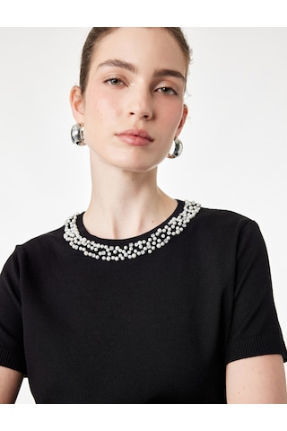 Koton Regular Fit Boncuklu Bisiklet Yaka Kısa Kollu Viskon Triko Kazak Siyah 7wak90135ht