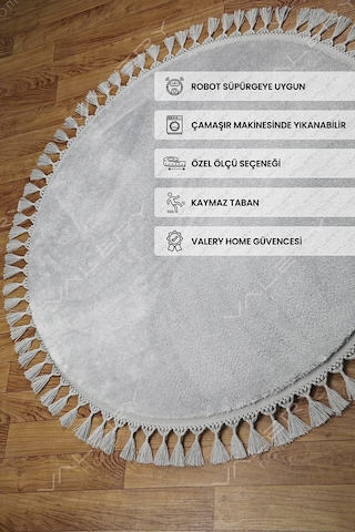 Yuvarlak Comfort Puffy Ponpon Saçaklı Peluş Halı Gri