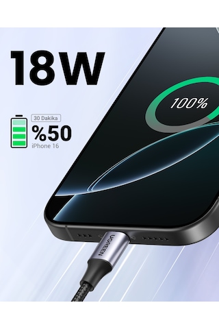 Ugreen Usb-c - Usb-a 3a Qc Örgülü Hızlı Şarj Kablosu, 1 M, Siyah, 60126