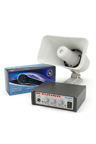Audıox Ps-50 Pazarcı Ses Sistemi Seti 12 Volt 50 Watt Pazarcı Amfisi Horn Hoparlör Dinamik El Mikrofonu