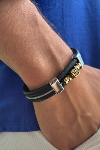 Zirkon Taşlı El İşçiliği İle Üretilmiş Hakiki Deri Erkek Bileklik Siyah - Altın