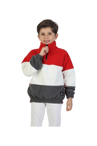 Erdem Kıds Unisex Kız-erkek Çocuk Dik Yaka Fermuarlı Sweatshirt-kazak Beli Lastikli Çok Renkli Kışlık Polar Kırmızı-ekru-gri Kırmızı-ekru-gri