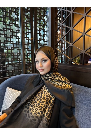 Miorel Scarfs Leopar Desen Vual İpek Şal Fular Silk Scarfs Shawl Hijab Siyah