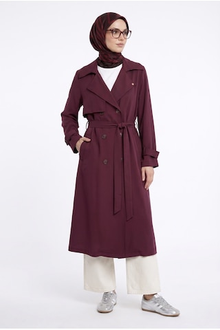 Armine Trend Belden Kuşaklı Aller Detaylı Tencel Kumaş Trençkot Bordo 26ytd714