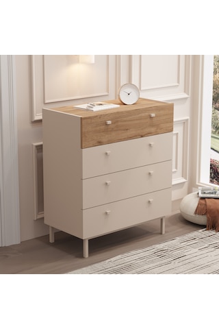 Robinhome Rhode Geniş Şifonyer 4 Çekmeceli Ahşap Ayaklı Kumsal-sepet Bej