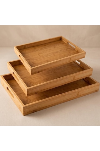 Bambu Servis Tepsisi Seti, Doğal Ahşap, 3&apos Lü Set, Küçük-orta-büyük, Kahvaltı Ve Sunum İçin 15cm