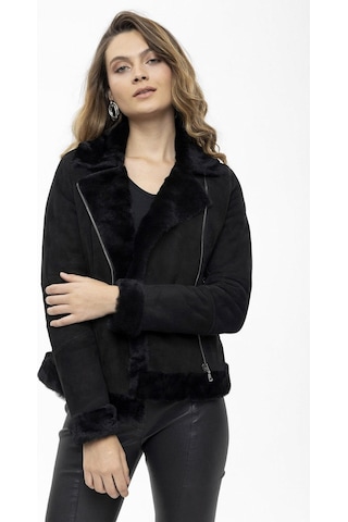 Violet Siyah Fermuarlı Biker Kadın Hakiki Kürk Mont-siyah Siyah
