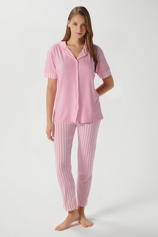 Ritnice Kadın Elena Yumuşak Doku Pembe Çizgili Ön Düğme Kısa Kollu Pijama Takımı