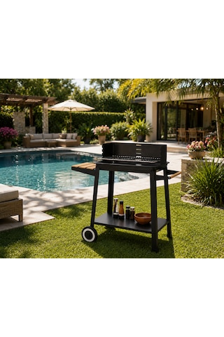 Tekerlekli Kömürlü Barbekü Mangal 83x40,5x86,3 Cm Bambu Yan Masalı, Krom Izgaralı, Bahçe Ve Balkon İçin Siyah