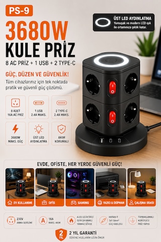 3680w Kablosuz Şarjlı Kule Priz 8 Ac Priz 1 Usb 2 Type-c Akım Korumalı Topraklamalı Çoklu Priz Ev Ofis Bilgisayar Gaming Şarj İstasyonu Ps-9