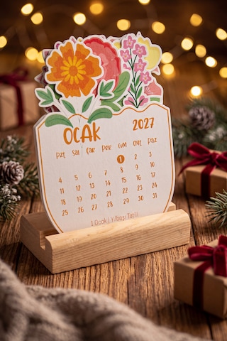 Ahşap Standlı Özel Kesim Botanik Çiçekli 2027 Masaüstü Takvimi 8,5x11 Cm - Zarif Yılbaşı Hediyesi Çok Renkli