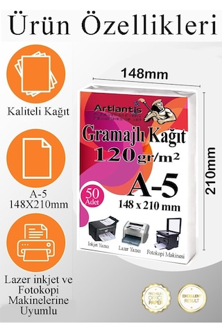 A5 Gramajlı Fotokopi Kağıdı 50 Adet 120 Gr Sertifika Kağıdı Kalın Kağıt Baskı Tüm Yazıcılara Uyumlu 14.8x21cm Ofis Büro