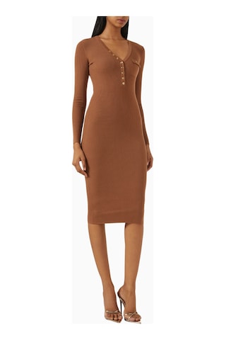 Elit Elisabetta Franchi Ribbed Chest Pocket V Yaka Logo Düğmeli, Triko Midi Elbise Abiye Bej 44