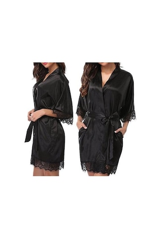 Sones Yarım Kollu Bornoz Kadın Sahte İpek Pijama Gece Elbisesi Siyah