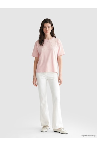 Lcw Comfort Pembe Boncuk İşlemeli Soft Touch Kadın Tişört