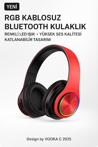 Rgb Işıklı Kablosuz Bluetooth Kulak Üstü Kulaklık Müzik, Oyun, Mikrofonlu, Katlanabilir