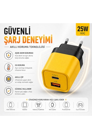 25w Hızlı Şarj Adaptörü Type-c + Usb Çift Girişli Akıllı Şarj Başlığı Kompakt Tasarım
