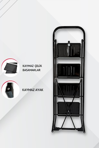 4 Basamaklı Siyah Çelik Merdiven - Ekstra Güçlü Gövde - Kalın Profil
