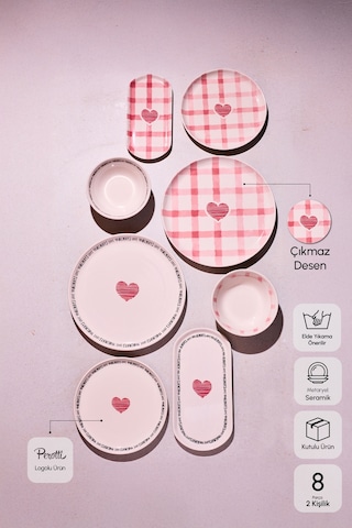 Hearts 8 Parça 2 Kişilik Yemek Takımı Cokrenklı Desenli
