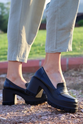 Asmi Shoes Kadın Tokasız 8 Cm Loafer Model Topuklu Ayakkabı Siyah Cilt Siyah