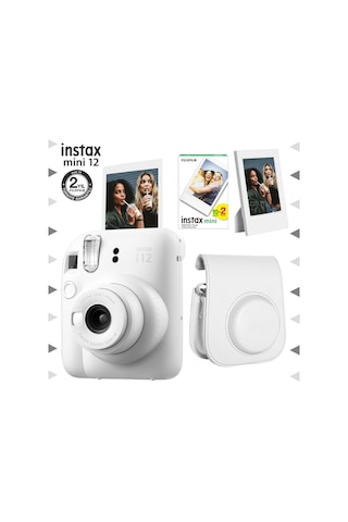 Fujifilm Instax Mini 12 Fotoğraf Makinesi + 20'li Film + Çerçeve + Deri Kılıf Seti Beyaz