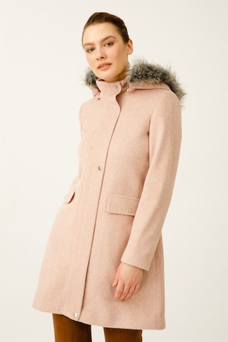 Yün Kumaş Fermuar Kapamalı Kapişonlu Kaban Pudra-pudra Pudra