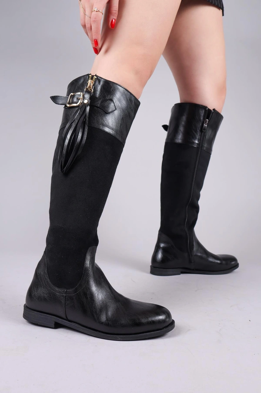 Edıe Cilt Süet Garnili Çizme Siyah-8449 Siyah