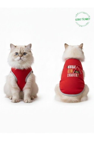 Dikkat Kedi Çıkabilir Yazılı Kırmızı Kedi Ve Köpek Kıyafeti Elbisesi