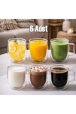 Porsima Pbt-323 Çift Cidarlı 6lı Cam Kupa Çay Kahve Kupası Isı Yalıtımlı Kulplu Cam Bardak Seti 250 Ml Cam - Şeffaf