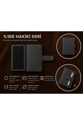 Aldorya %100 Hakiki Deri Erkek Cüzdan Kartlık 8 Kart Gözü, Çıtçıtlı, Nakit Bölmeli, Kompakt Koyu Gri