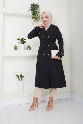 Pamuklu Bondit Kumaş Trençkot / M0105 - Siyah Siyah